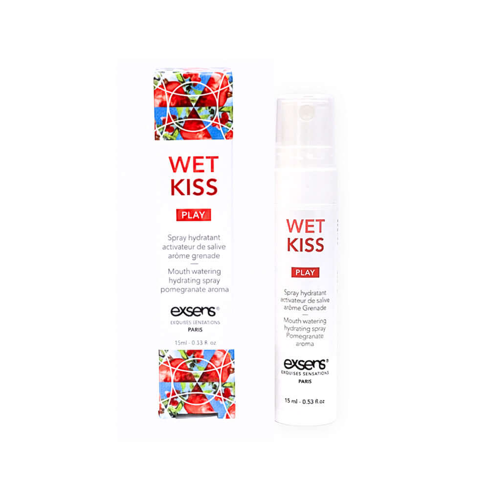 Exsens Wet Kiss Pomegranate Moisturizing Saliva Spray 15 ml packaging and product bottle.