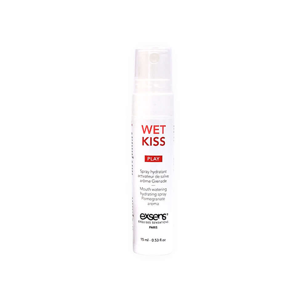 Exsens Wet Kiss Pomegranate Moisturizing Saliva Spray 15 ml bottle with refreshing flavor and moisturizing properties.