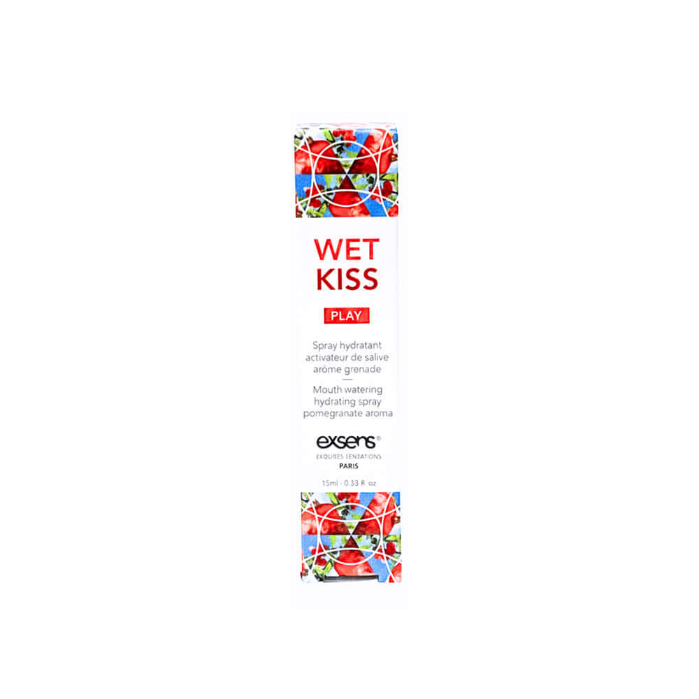 Exsens Wet Kiss Pomegranate Moisturizing Saliva Spray 15 ml packaging with vibrant designs and flavor description.