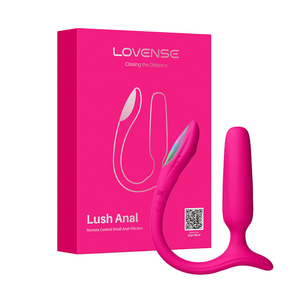 Lovense Lush Anal App-controlled Compact Powerful Butt Plug in vibrant pink packaging with product displayed.