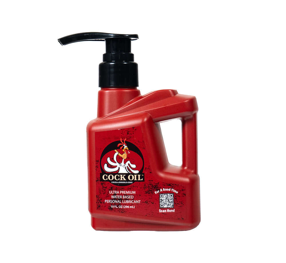 Cock Oil Water-based Lubricant Pump Bottle 10 Oz in a red pump bottle with easy-to-use design