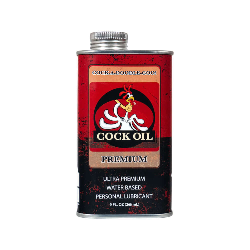 Cock Oil Water-based Lubricant Metal Can 9 Oz with playful packaging and clean formula.