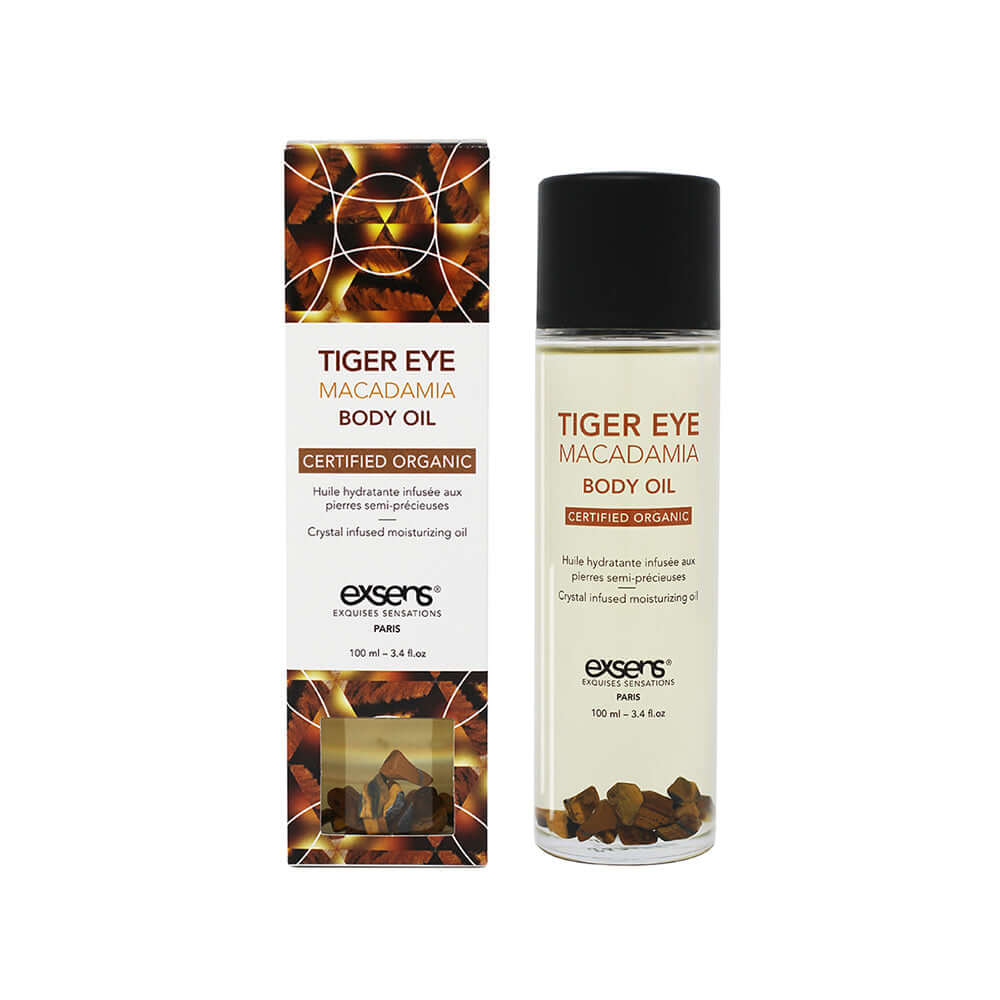 Exsens Body Oil Tiger Eye Macadamia 3.4 Oz with packaging, moisturizing oil for skin and hair.