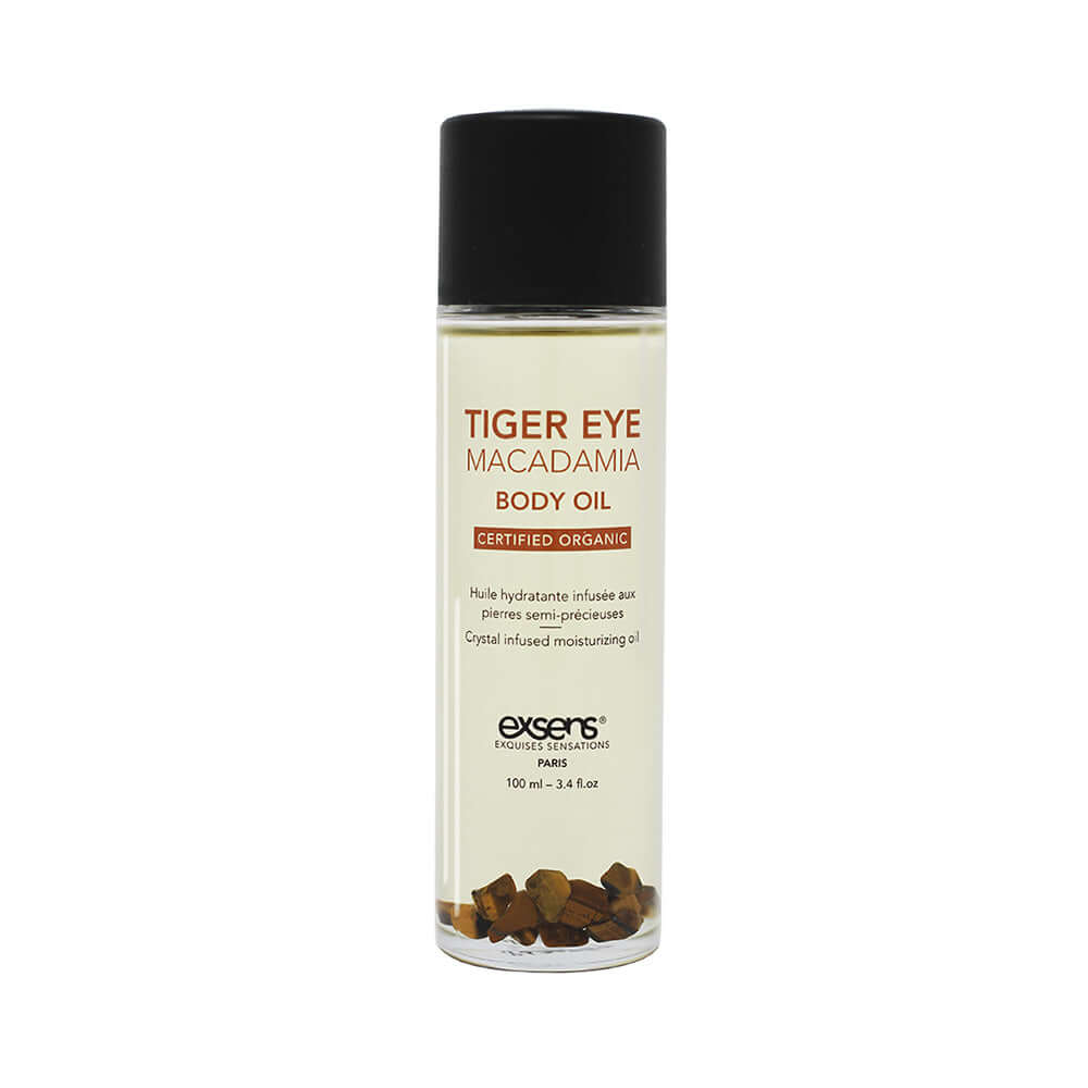 Exsens Body Oil Tiger Eye Macadamia 3.4 Oz bottle with a sleek design, showcasing the luxurious body oil.