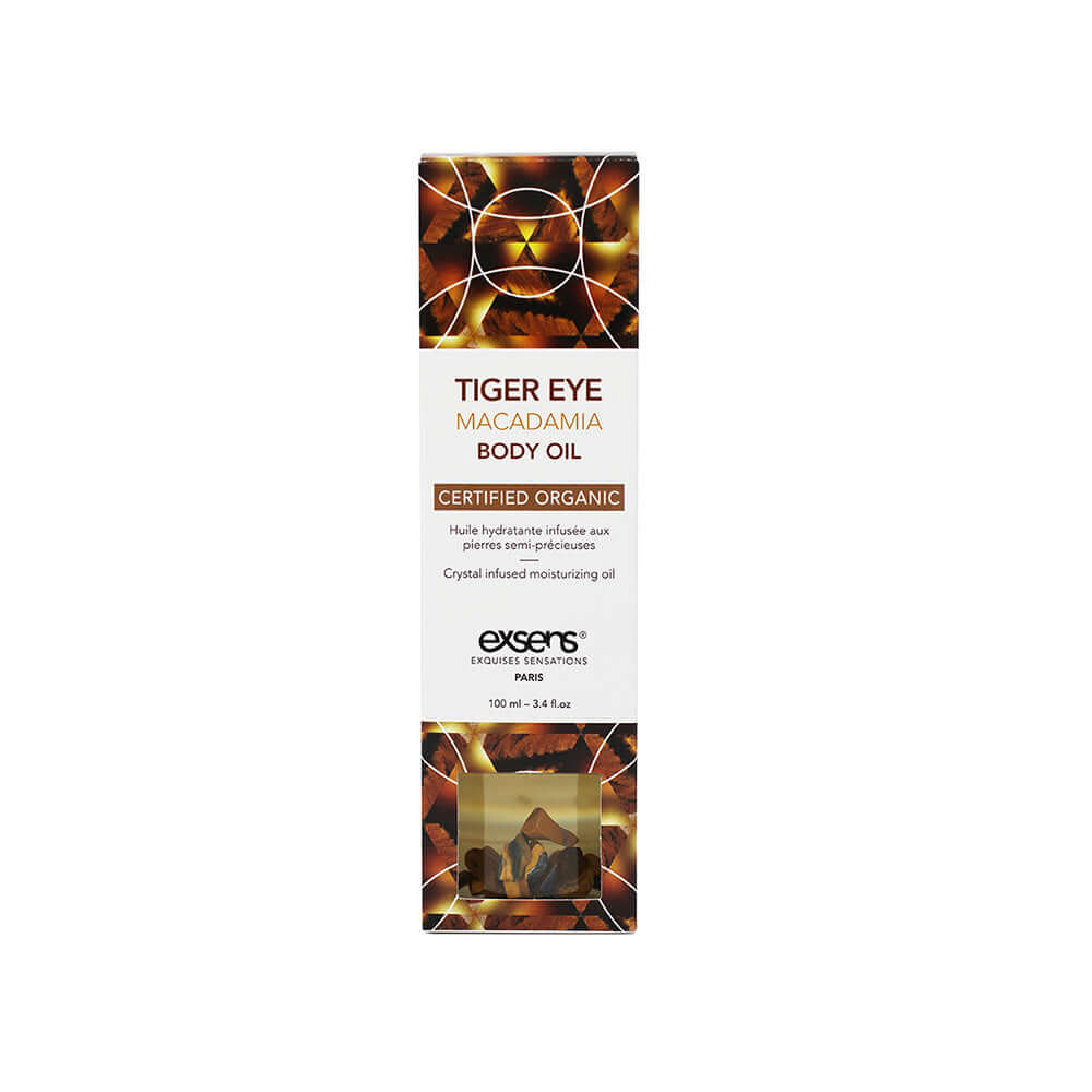 Exsens Body Oil Tiger Eye Macadamia 3.4 Oz packaging with organic label and crystal-infused design.