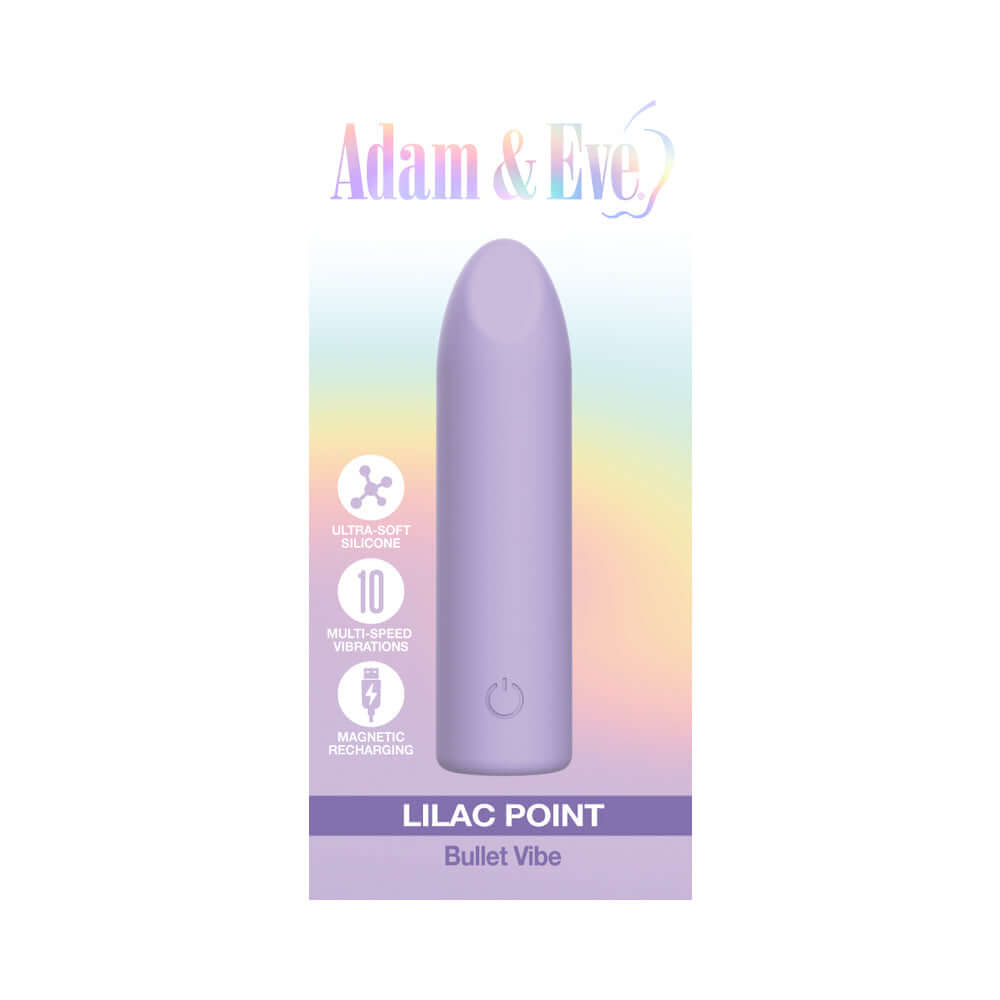Adam & Eve Lilac Point Bullet Vibe packaging featuring a sleek, rechargeable design and various features.