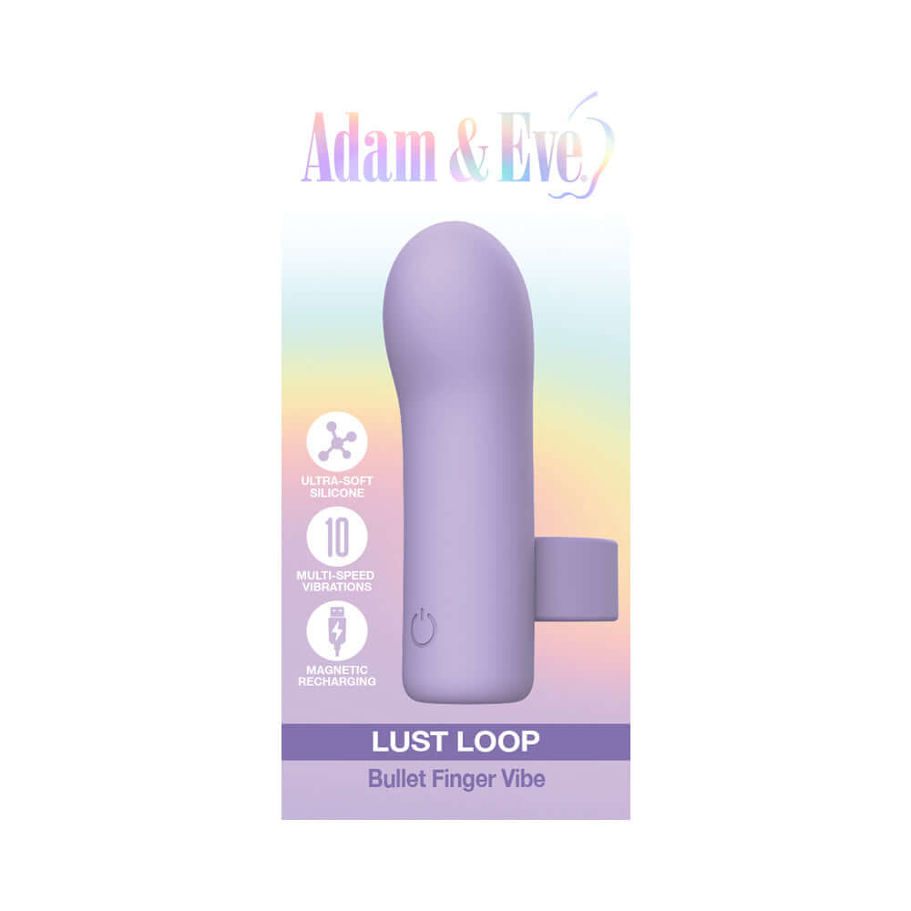 Adam & Eve Lust Loop Bullet Finger Vibe in lavender packaging showcasing its features and design.