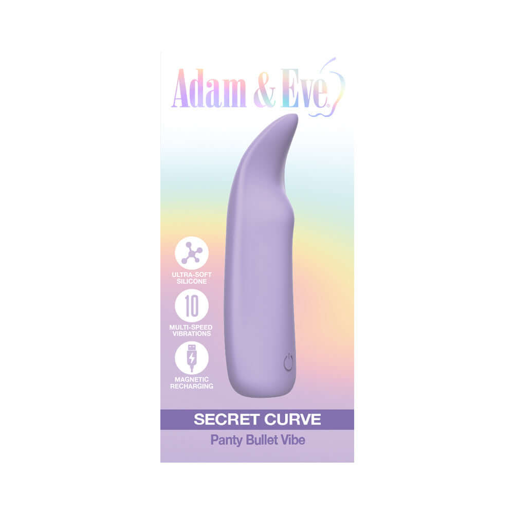 Adam & Eve Secret Curve Panty Bullet Vibe in purple with 10 multi-speed vibrations and magnetic recharging.