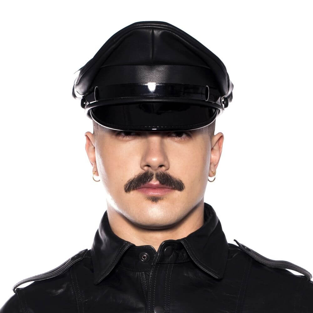 Prowler RED Military Cap Black Large 59cm showcased on a model, enhancing a bold leather look.