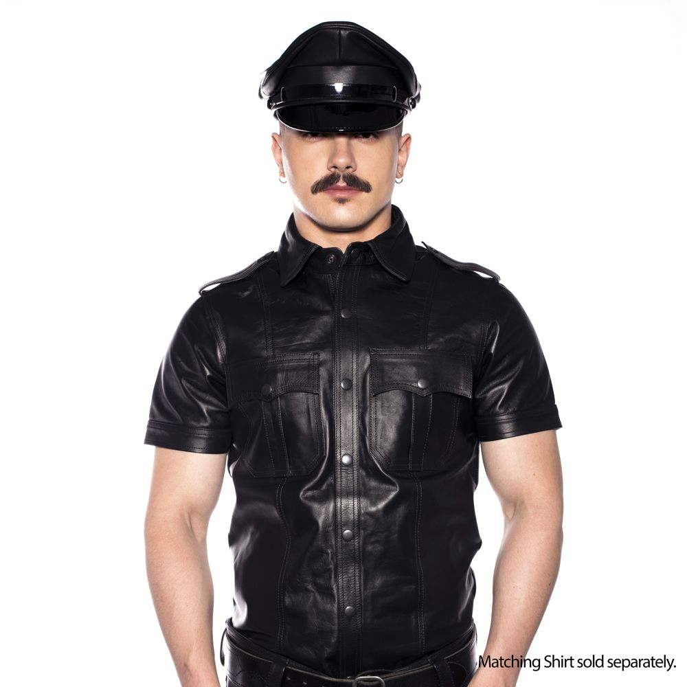 Prowler RED Military Cap Black Large 59cm worn by model in stylish black leather shirt.