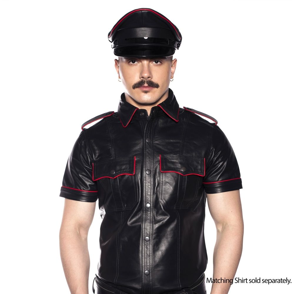 Prowler Red Military Cap Black Red 59 cm Large worn with leather shirt, showcasing a classic masculine look.
