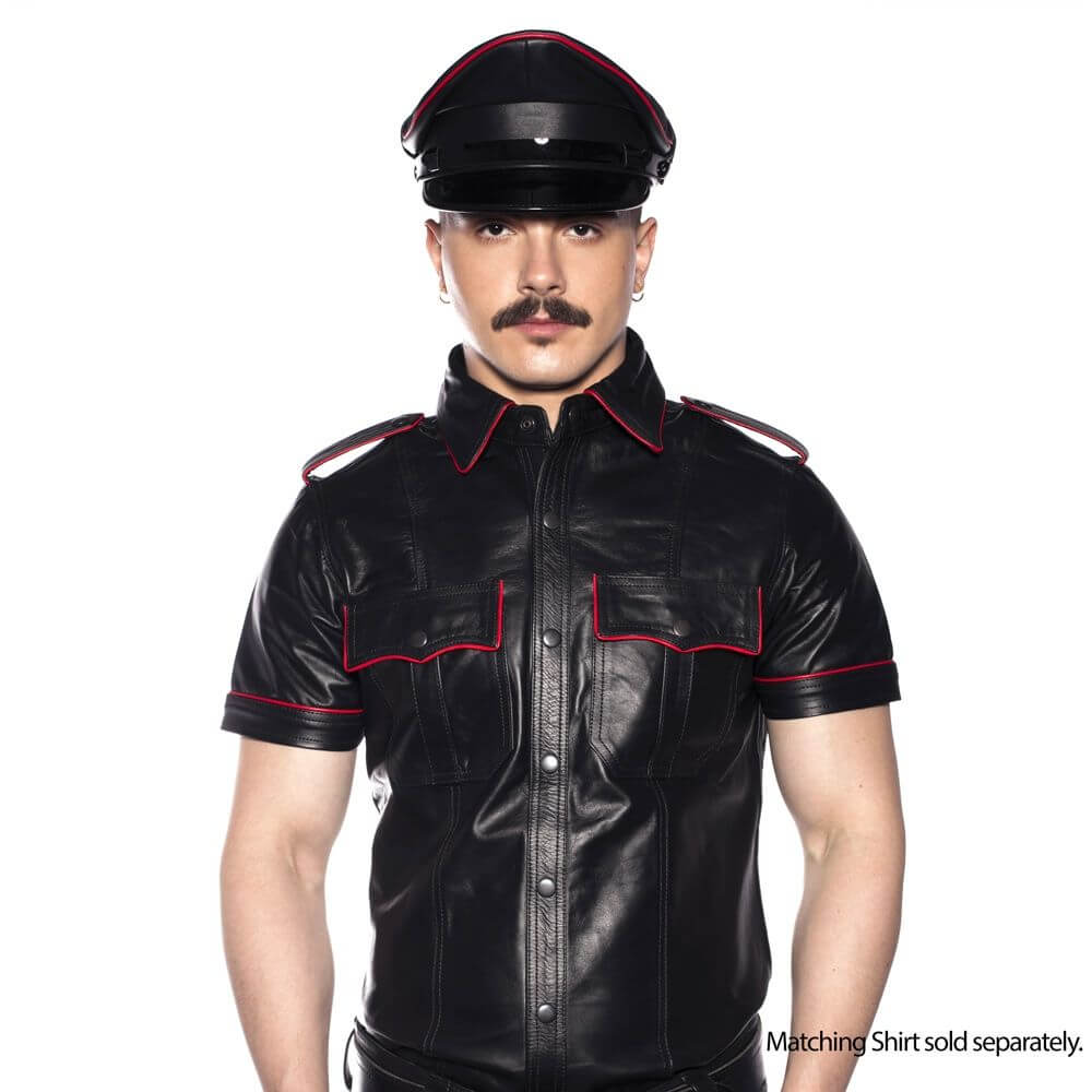 Prowler Red Military Cap Black Red 59 cm Large worn with leather shirt, showcasing a classic masculine look.