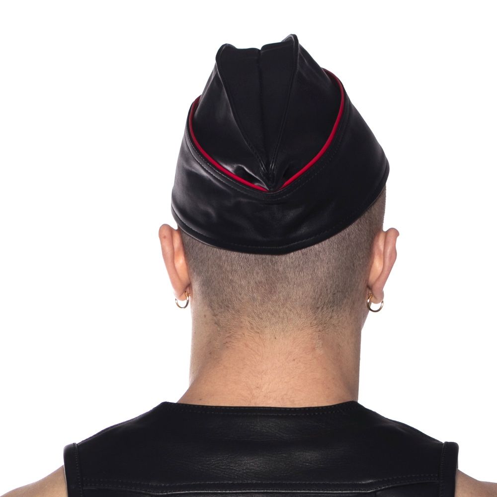 Prowler Red Triangle Cap Black Red 55 cm Small worn from the back, showcasing its distinctive leather design.