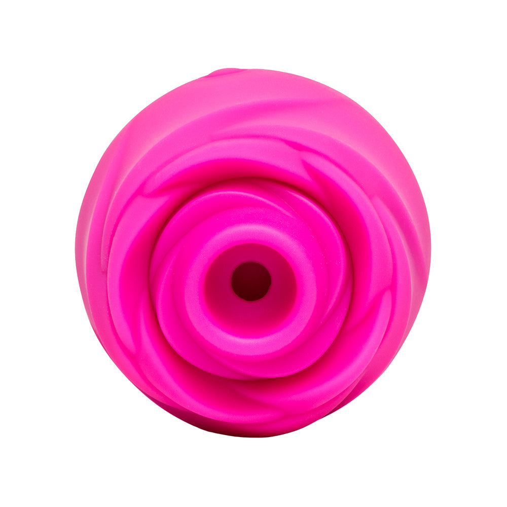 Romp Rose 2.0 Air Suction Stimulator top view showcasing its rose-inspired design in vibrant pink.