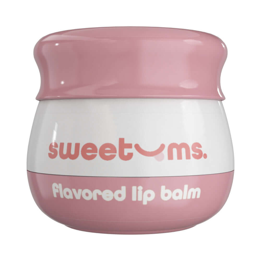 Sweetums Flavored Lip Balm Sweet Rose in a pink jar for moisturizing, soft lips with a floral flavor.
