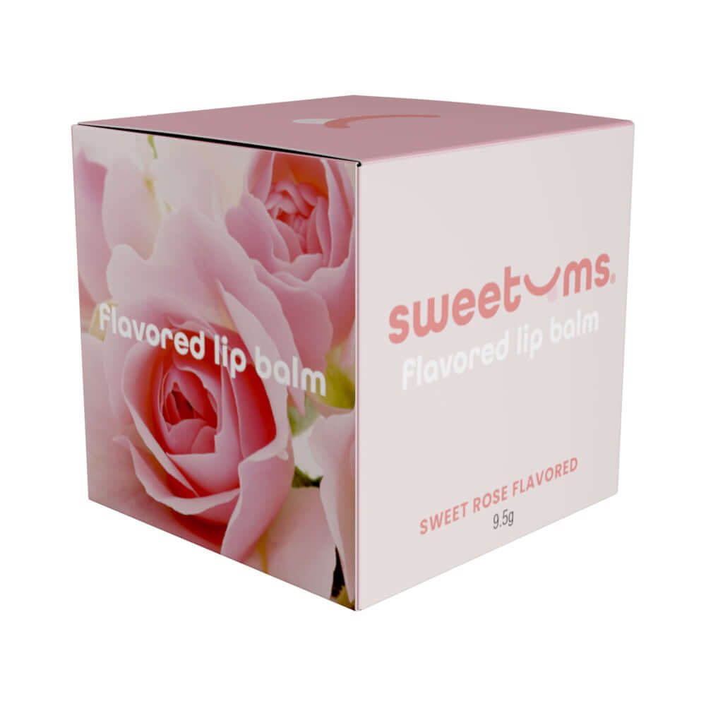 Sweetums Flavored Lip Balm Sweet Rose packaging with rose design for moisturizing lip care.