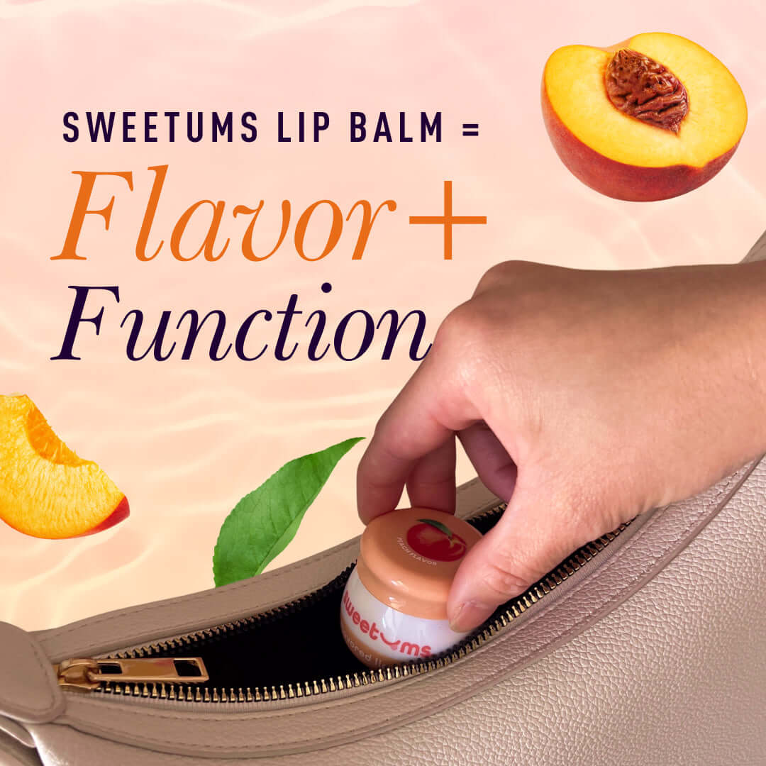 Sweetums Flavored Lip Balm Sweet Rose in a handbag with a hand reaching for it, showcasing flavor and function.