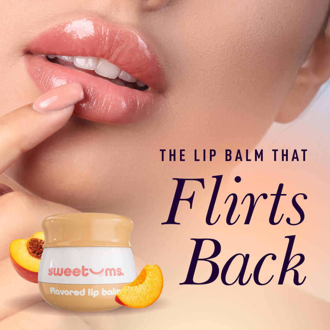 Sweetums Flavored Lip Balm Sweet Rose packaging next to model's glossy lips.