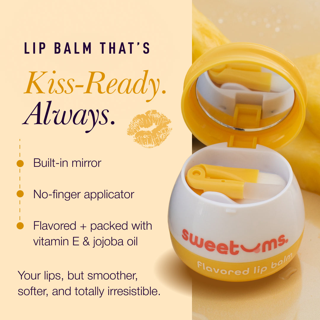 Sweetums Flavored Lip Balm Sweet Rose in a kiss-ready container with a built-in mirror and fresh, moisturizing ingredients.