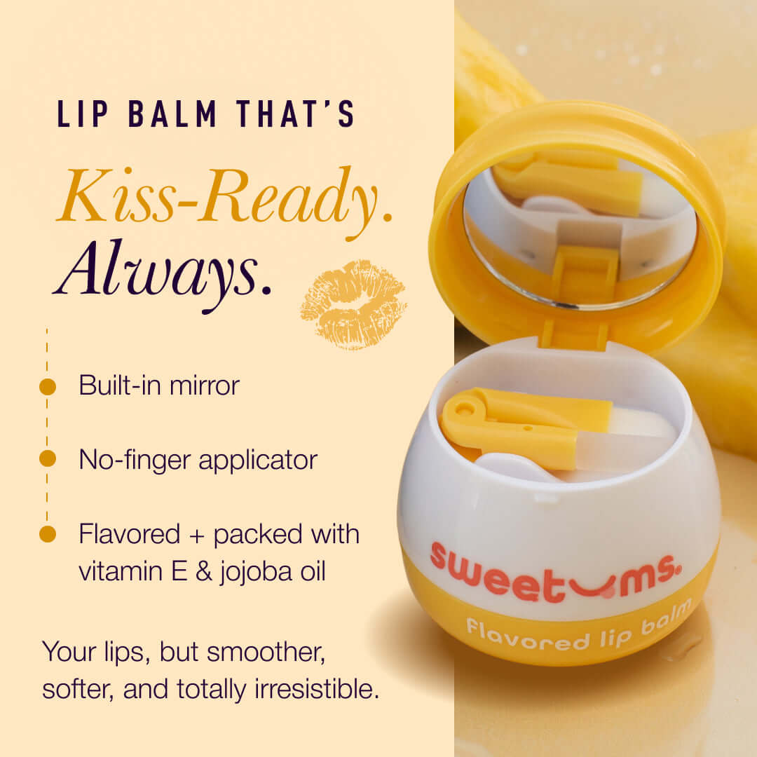 Sweetums Flavored Lip Balm Sweet Rose in a kiss-ready container with a built-in mirror and fresh, moisturizing ingredients.