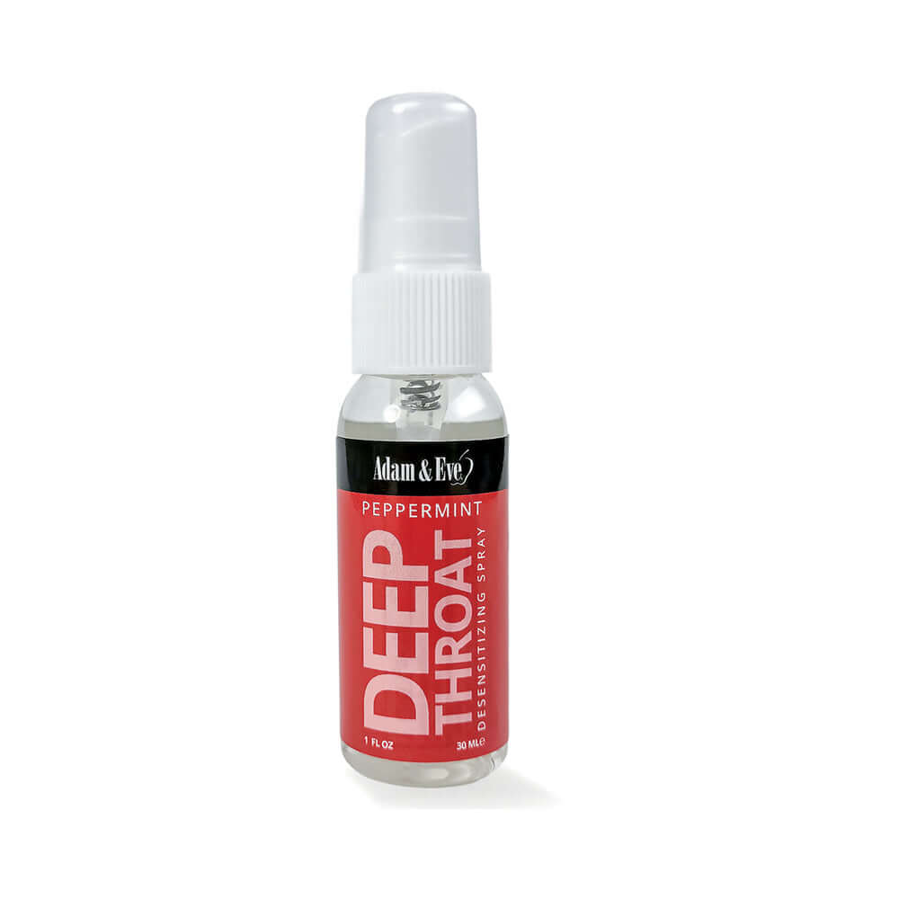 Adam & Eve Deep Throat Desensitizing Spray Peppermint in a clear bottle with a spray nozzle
