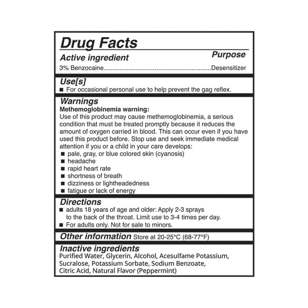 Drug facts label for Adam & Eve Deep Throat Desensitizing Spray Peppermint, featuring 3% Benzocaine.