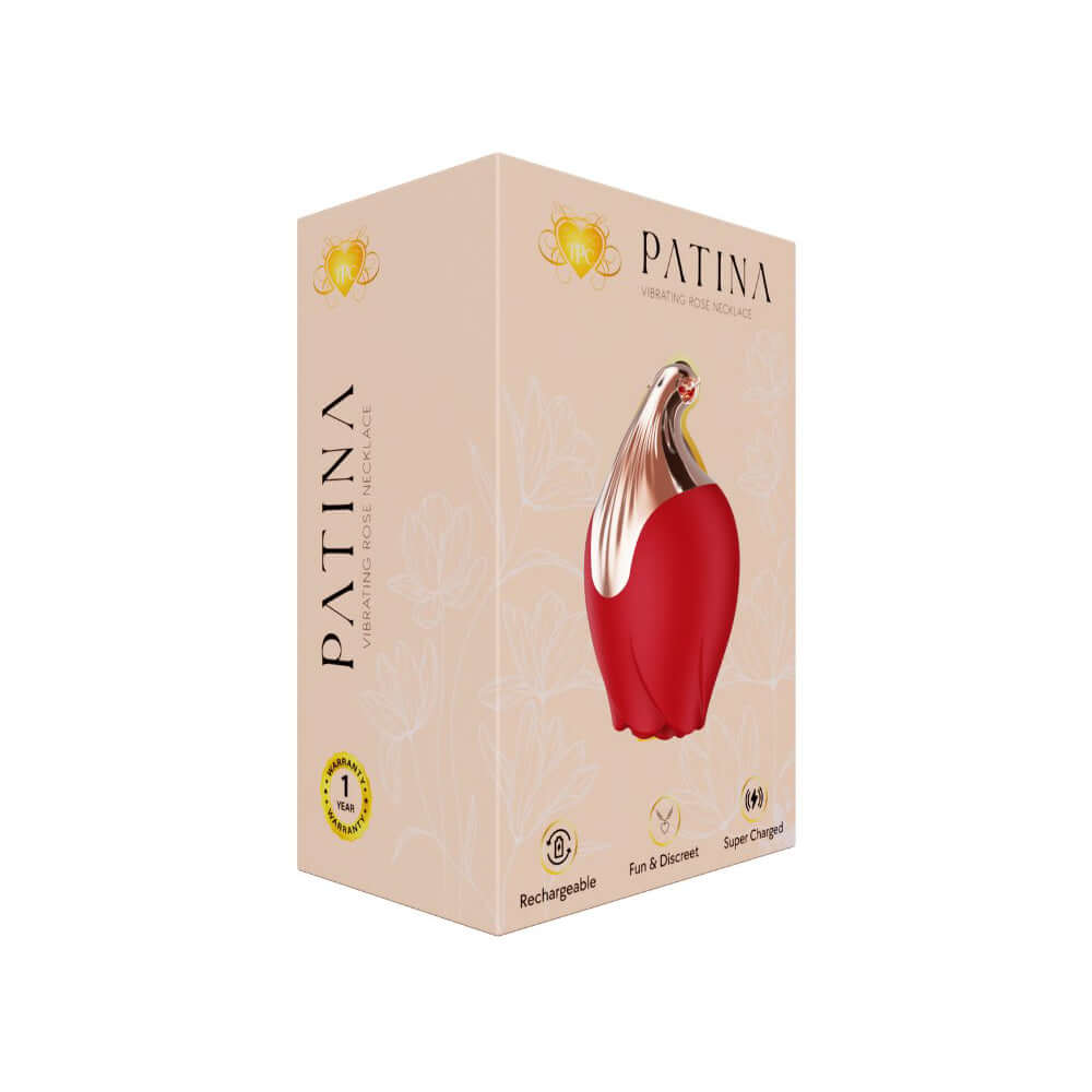 The Pleasure Company Patina Vibrating Rose Necklace packaging featuring an elegant design for discreet pleasure.