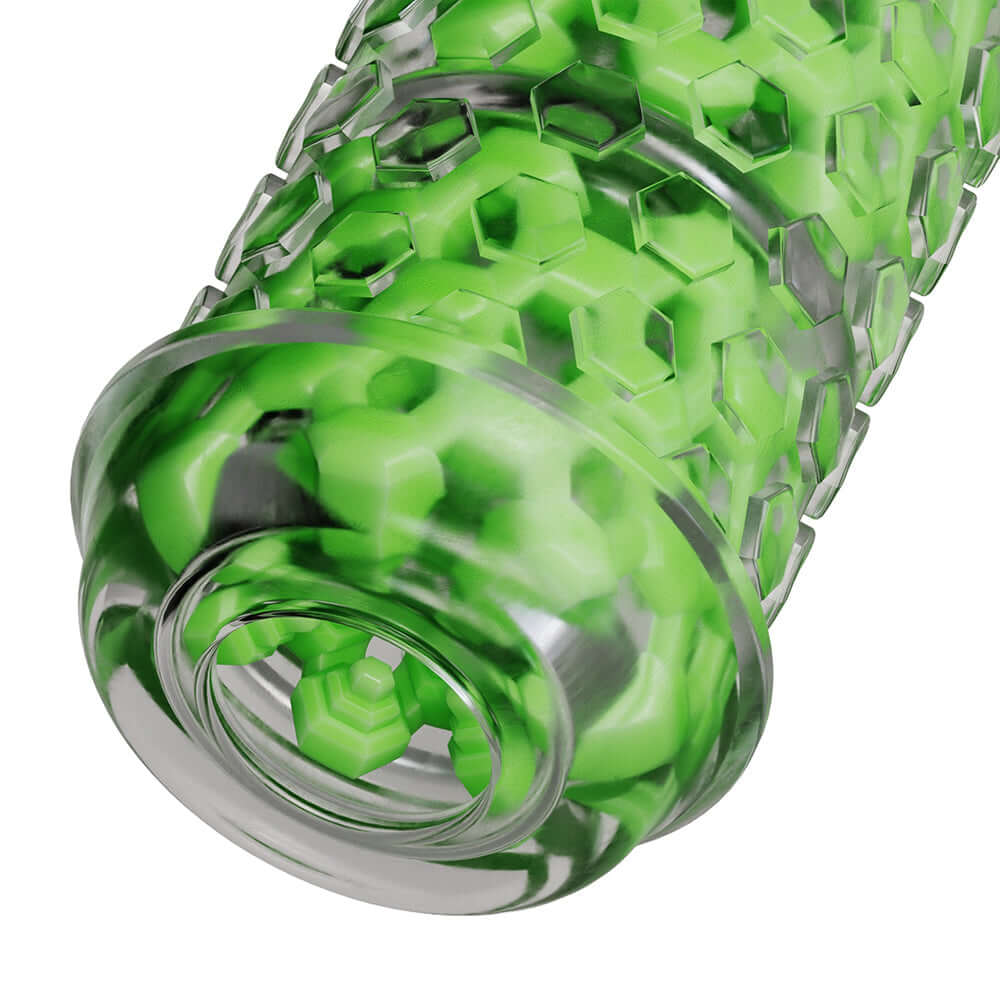 The Handy Mod Collection Long Sleeve Clear Green, featuring a hexagonal texture for enhanced stimulation.