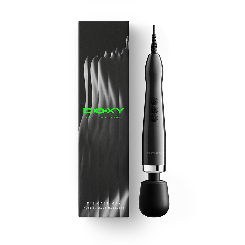 Doxy Die Cast Max Plug-in Wand Massager Black with packaging and power cord.