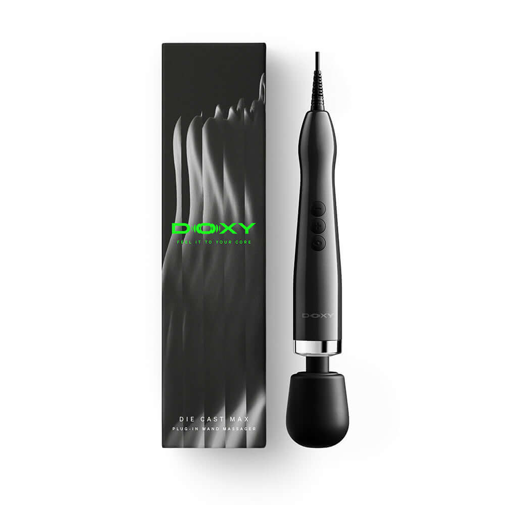 Doxy Die Cast Max Plug-in Wand Massager Black with packaging and power cord.