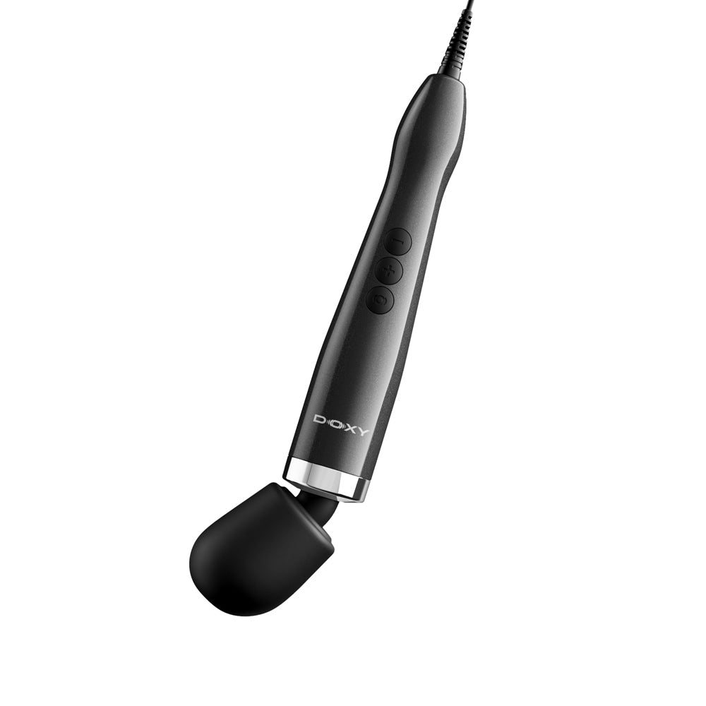 Doxy Die Cast Max Plug-in Wand Massager Black with sleek design and control buttons.