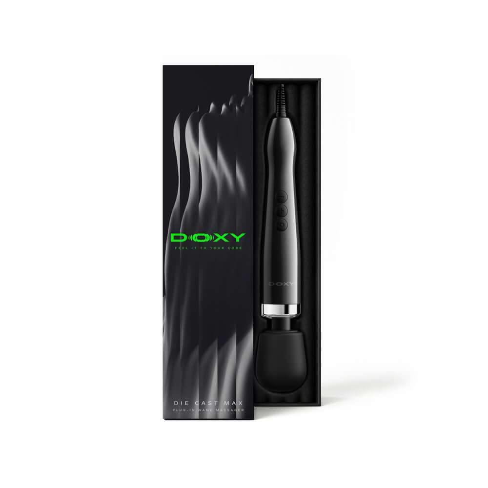 Doxy Die Cast Max Plug-in Wand Massager Black in elegant packaging, showcasing its sleek design and powerful performance.