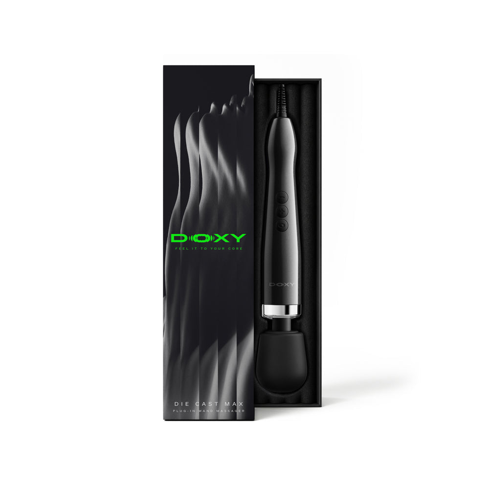 Doxy Die Cast Max Plug-in Wand Massager Black in elegant packaging, showcasing its sleek design and powerful performance.