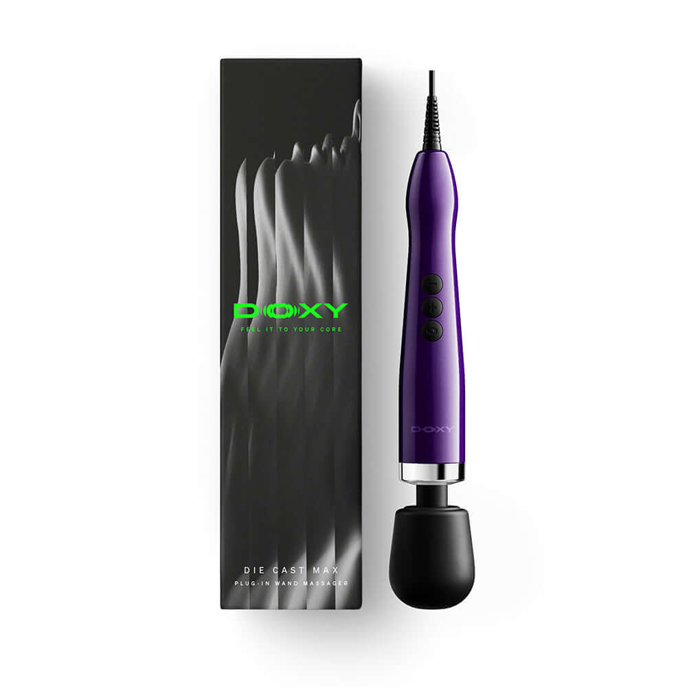 Doxy Die Cast Max Plug-in Wand Massager Purple with packaging, showcasing sleek design and power features.