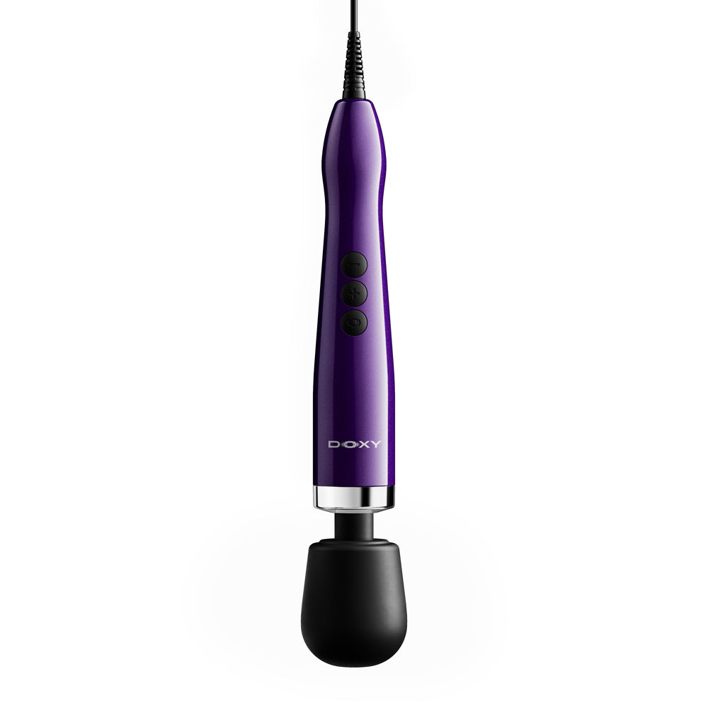 Doxy Die Cast Max Plug-in Wand Massager Purple with solid body and control buttons.