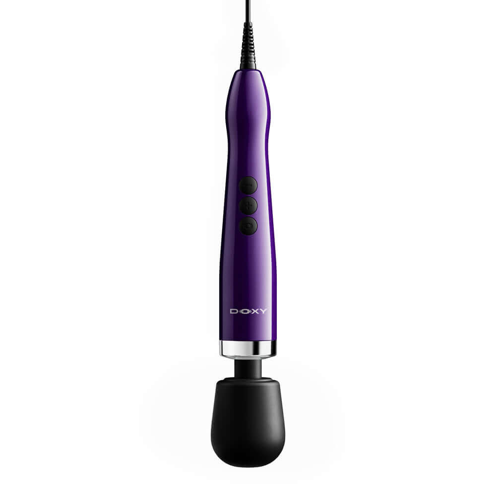 Doxy Die Cast Max Plug-in Wand Massager Purple with solid body and control buttons.