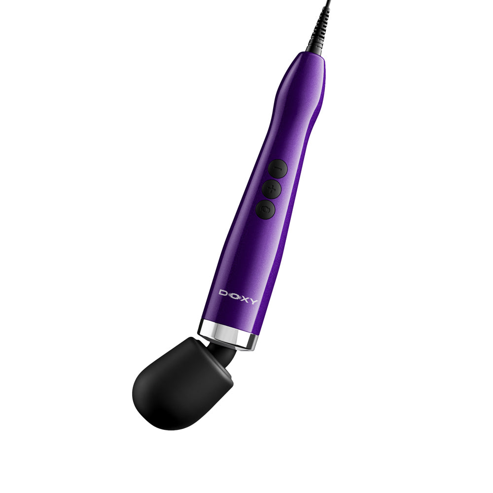 Doxy Die Cast Max Plug-in Wand Massager Purple with a solid die cast body and three control buttons.