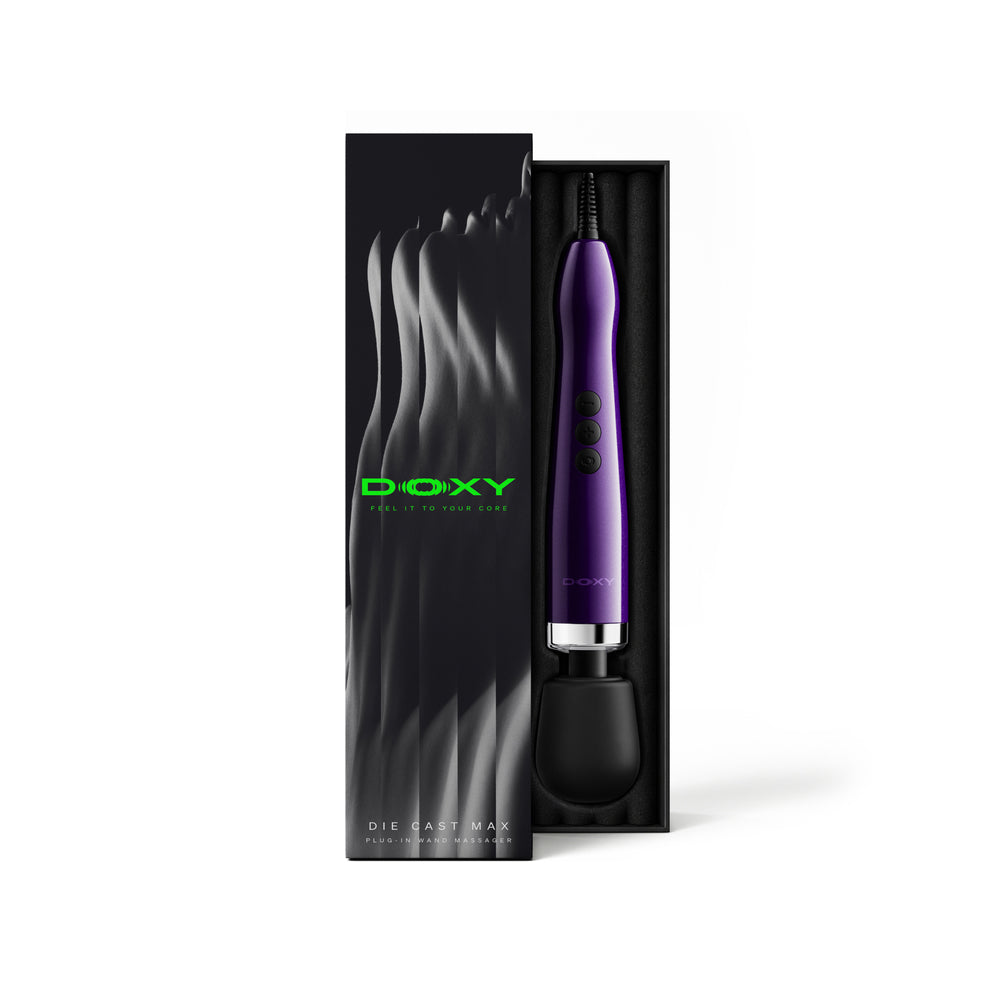 Doxy Die Cast Max Plug-in Wand Massager Purple in sleek packaging, showcasing its powerful design and features.