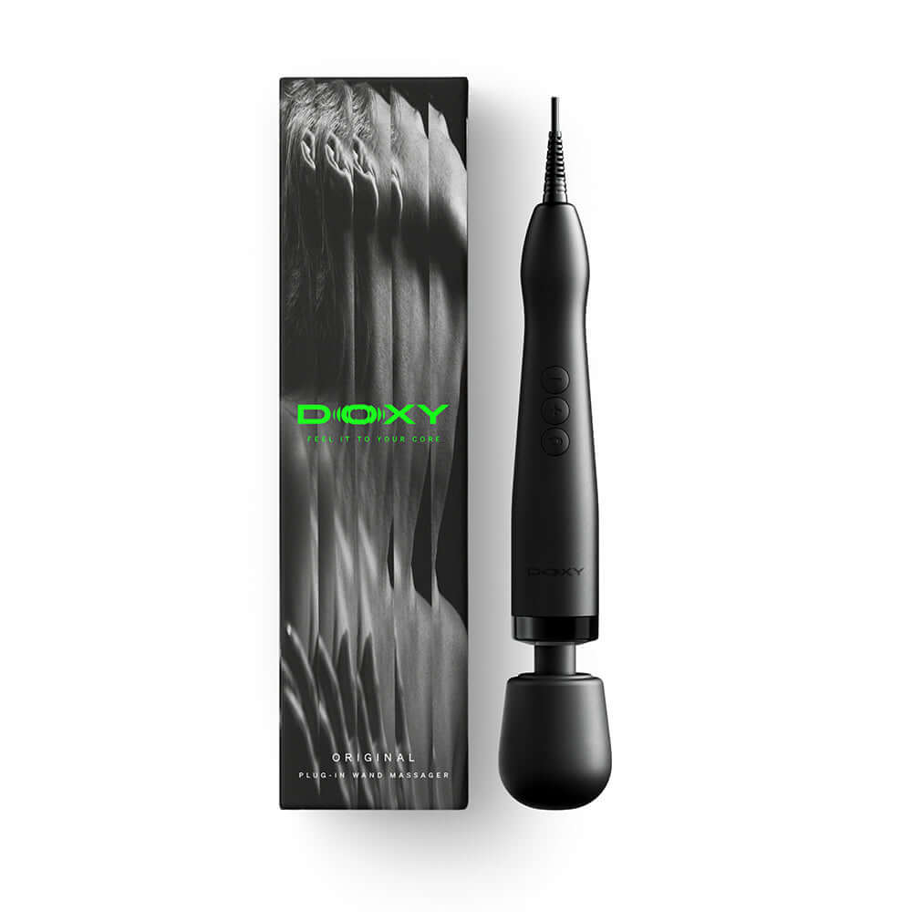 Doxy Original Massager Wand Massager Black displayed with packaging, showcasing its sleek design and powerful performance.