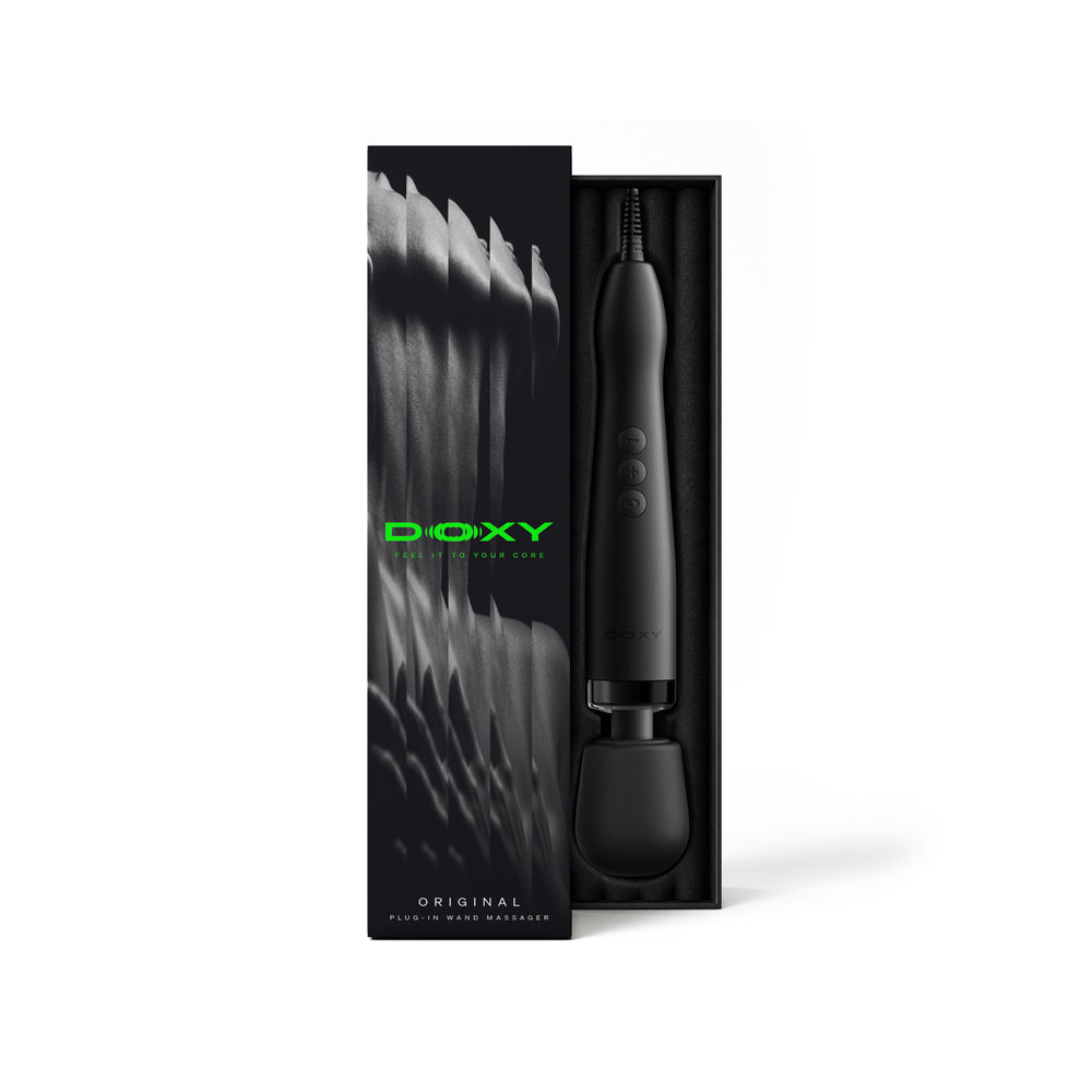 Doxy Original Massager Wand Massager Black in sleek packaging, known for its deep rumble and consistent performance.