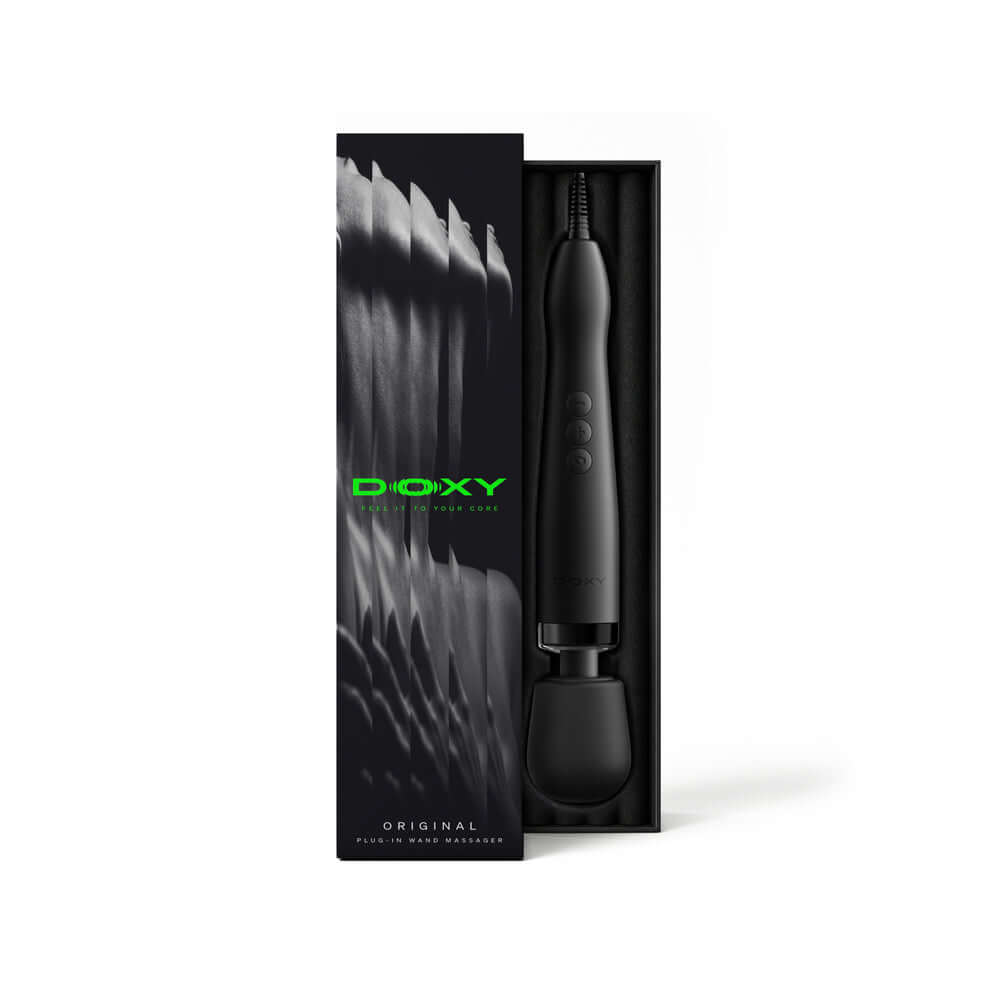 Doxy Original Massager Wand Massager Black in sleek packaging, known for its deep rumble and consistent performance.