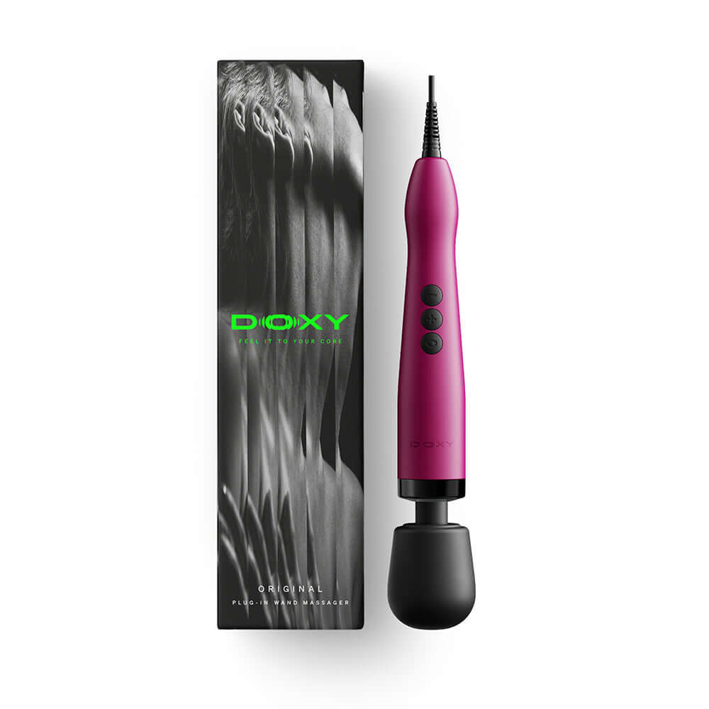Doxy Original Massager Wand Massager Pink next to its packaging, showcasing its sleek design and features.