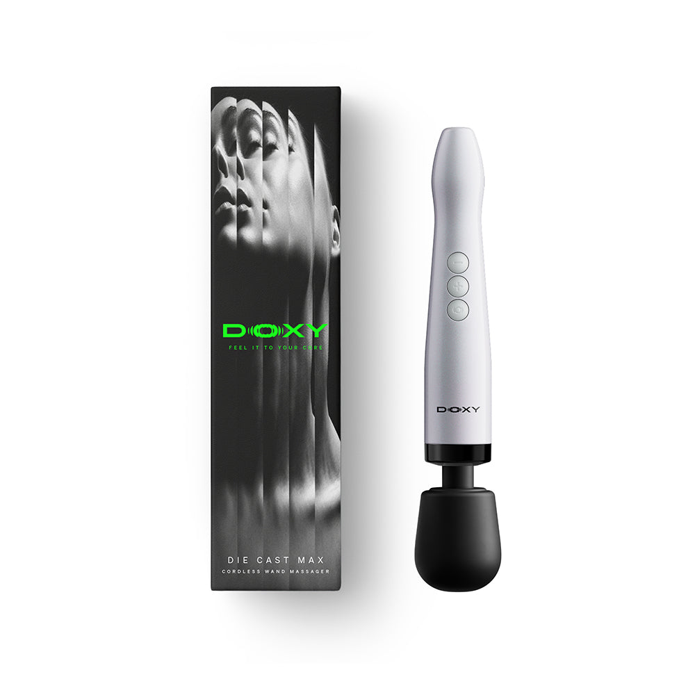 Doxy Die Cast Max Cordless Wand White with sleek packaging displaying face art and branding.
