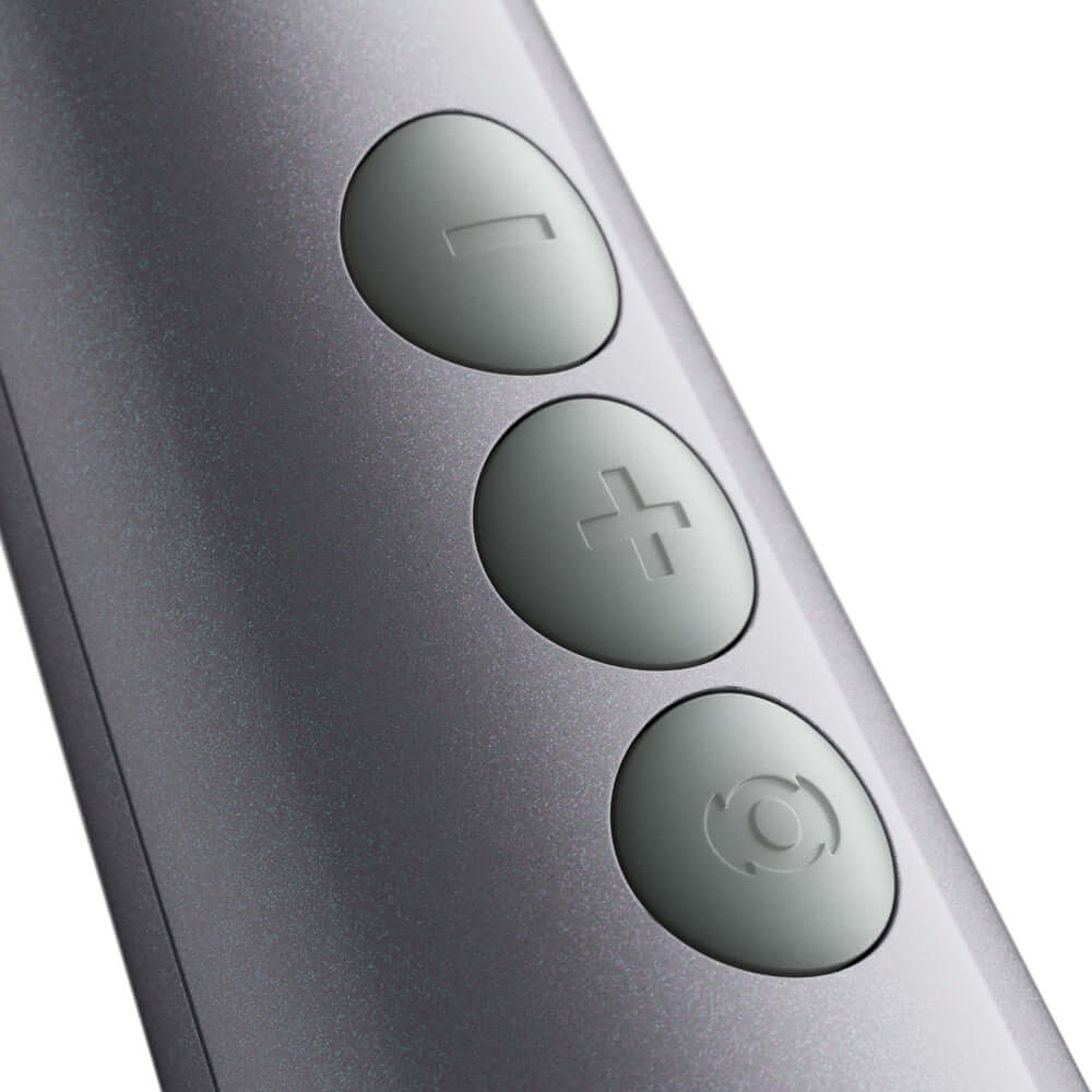 Doxy Die Cast Max Cordless Wand White close-up of control buttons for adjustable speed and settings.