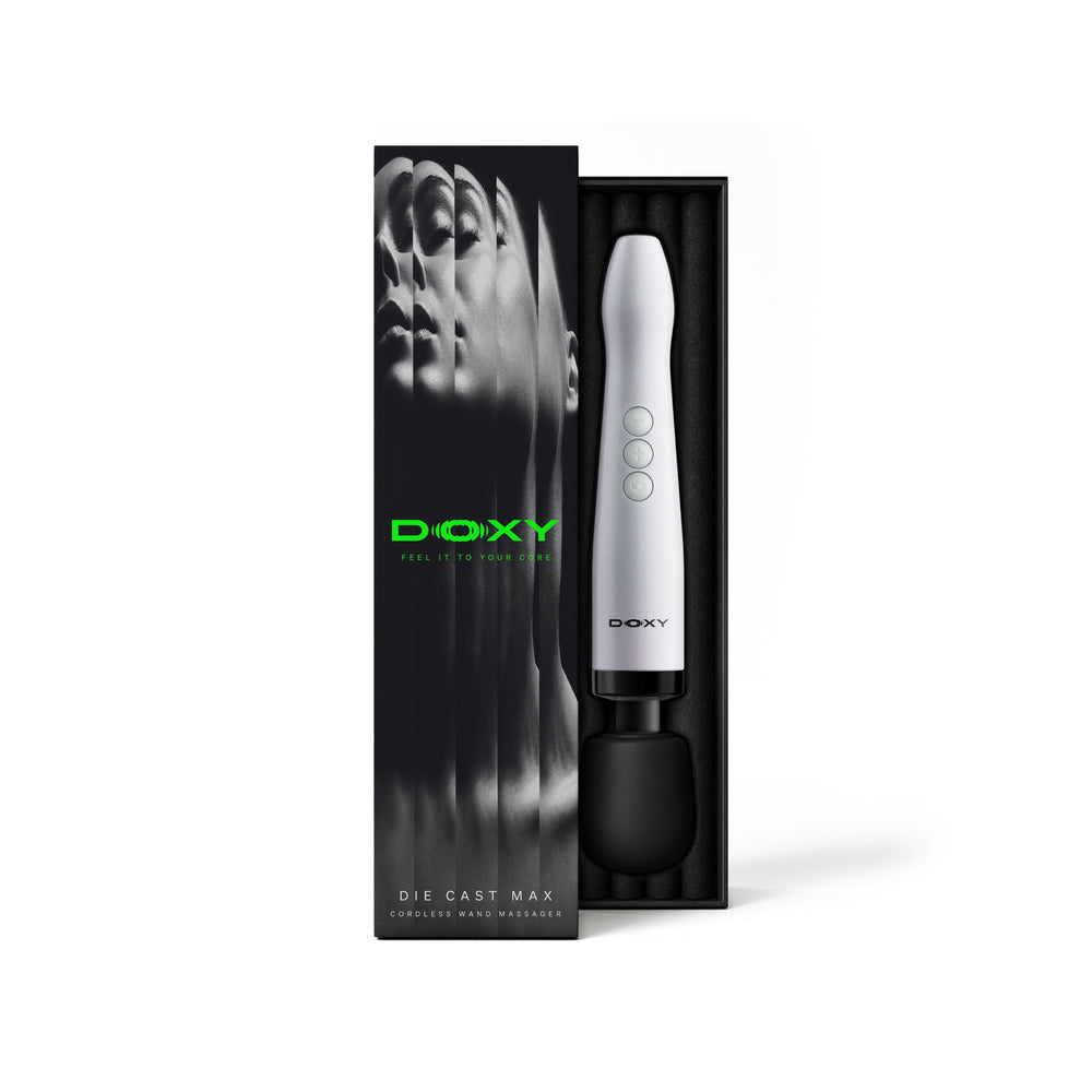 Doxy Die Cast Max Cordless Wand White in packaging, showcasing its sleek design and features.