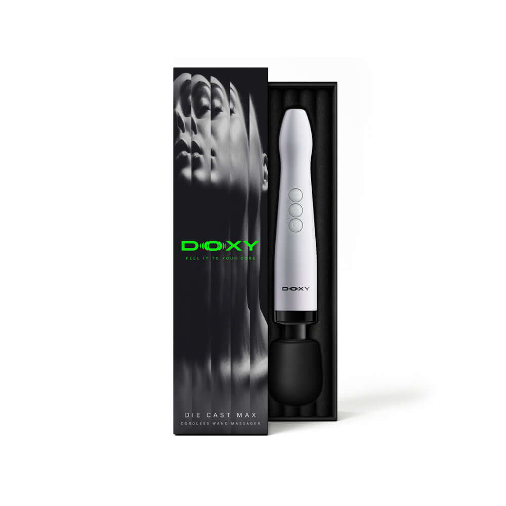 Doxy Die Cast Max Cordless Wand White in packaging, showcasing its sleek design and features.