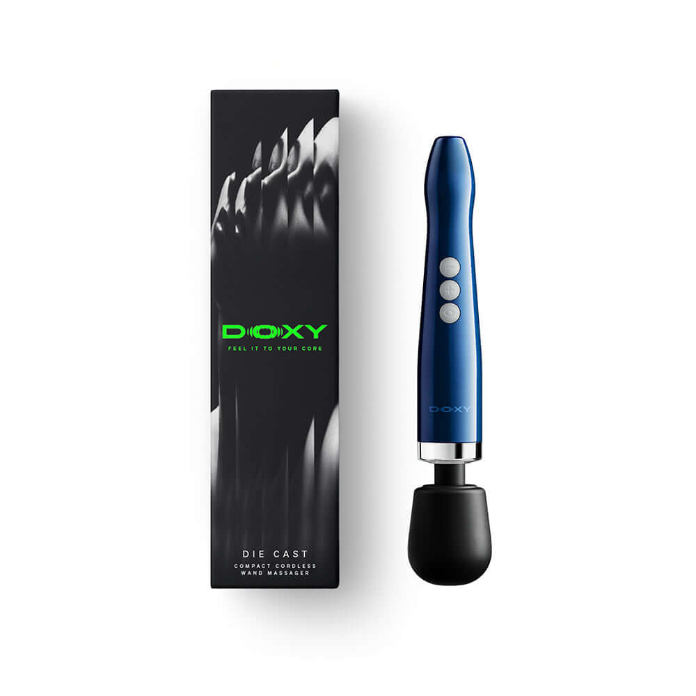Doxy Die Cast Compact Cordless Wand Blue with packaging, showcasing its sleek design and functionality.