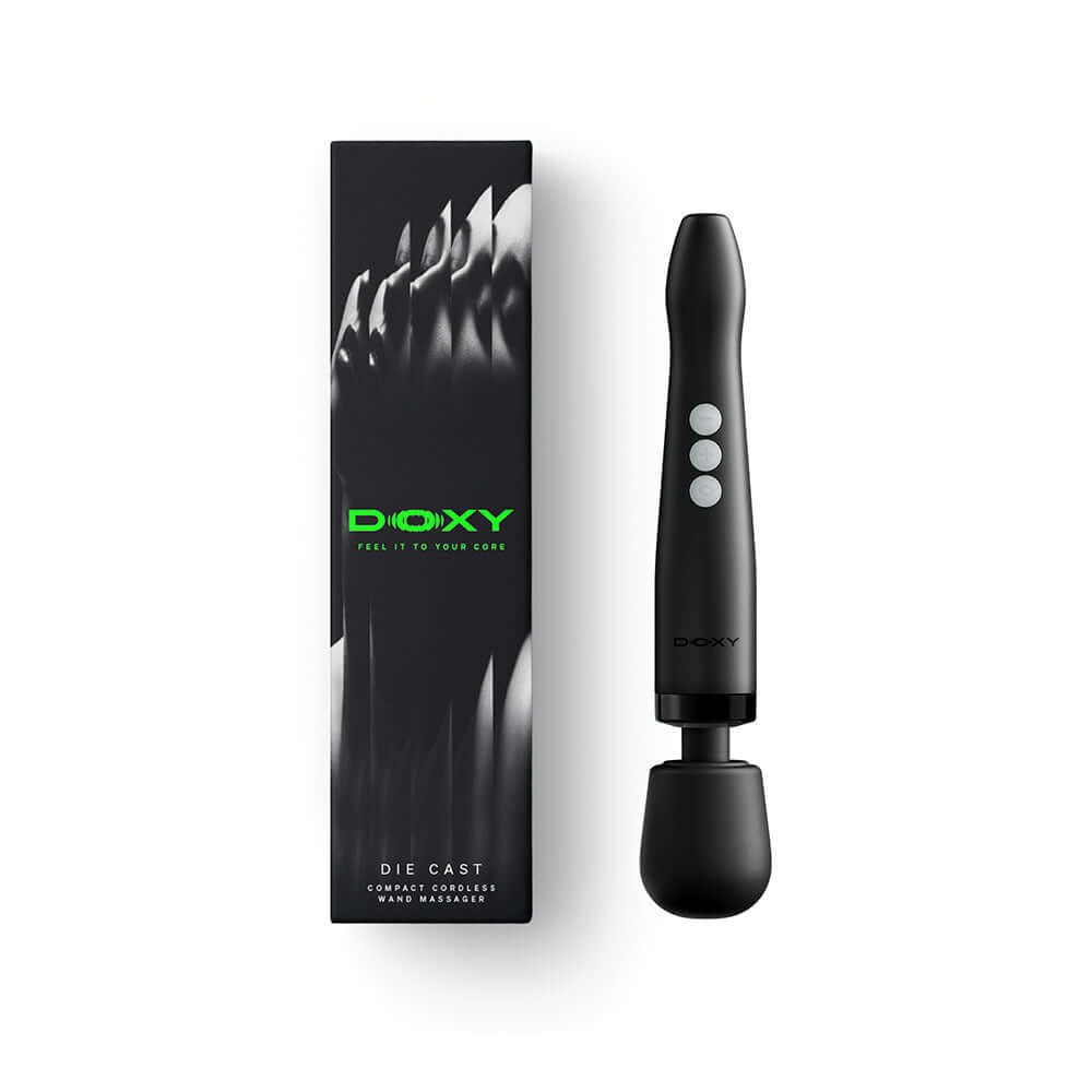 Doxy Die Cast Compact Cordless Wand Black with sleek design and packaging, ideal for versatile use and performance.