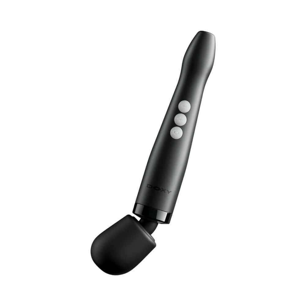 Doxy Die Cast Compact Cordless Wand Black with three control buttons and a rounded tip for versatile use.