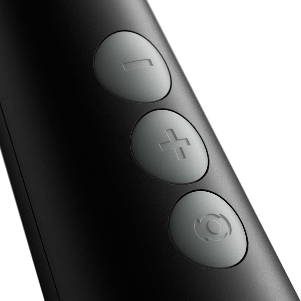 Doxy Die Cast Compact Cordless Wand Black buttons showing speed and power settings for optimal experience.
